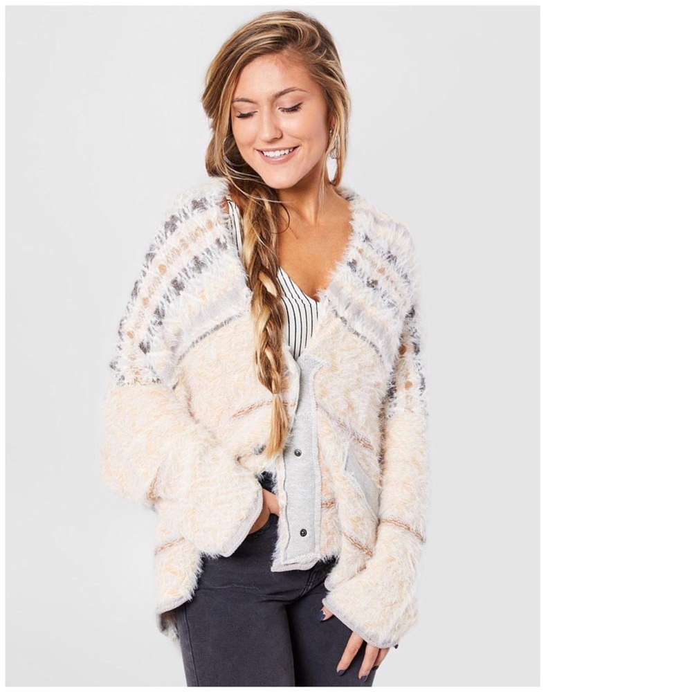 SOLD 💜 FREE PEOPLE Cardigan Fuzzy Fair Isle Furry - Picture 2 of 5
